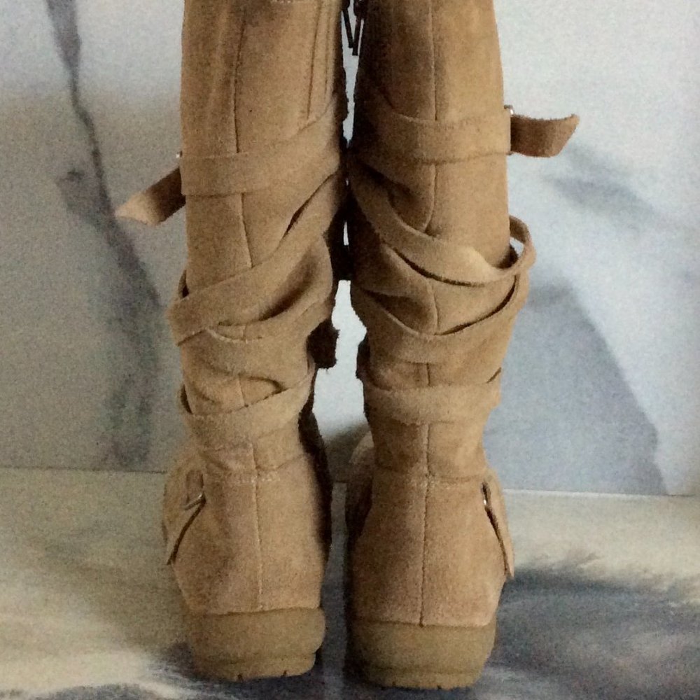 Beige Suede Side Zip Boots with Straps & Buckles - Picture 7 of 13